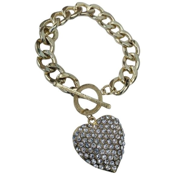 Gold Icy Crystal Heart Bracelet 8" Curb Chain Toggle Valentines Day Lovecore - Picture 2 of 11